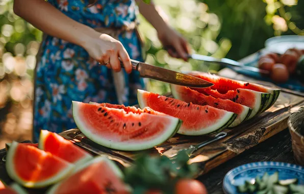 Summer, girl, light, nature, Board, hands, watermelon, dress