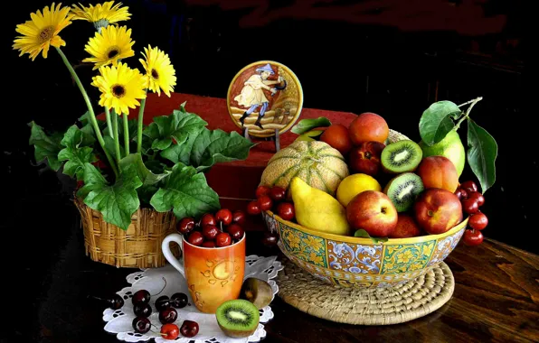 Picture flowers, berries, table, Cup, bowl, fruit, still life, melon