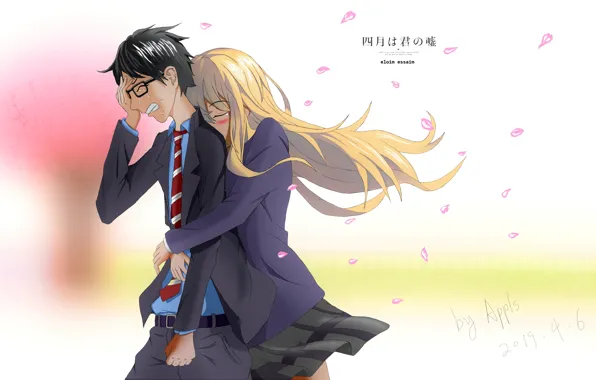 Wallpaper girl, tears, hugs, guy, two, Shigatsu wa Kimi no Uso, Your April  lie for mobile and desktop, section сёдзё, resolution 3840x2160 - download