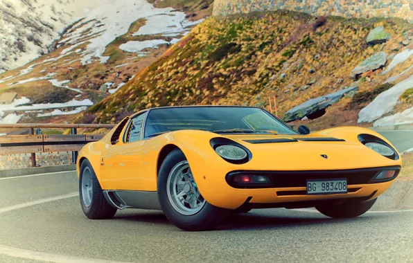 Color, Auto, Road, Mountains, Yellow, Lamborghini, Rocks, Snow