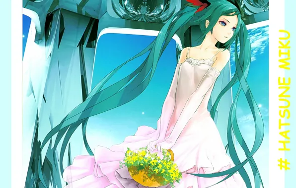 Vocaloid, Hatsune Miku, Vocaloid, blue hair, ruffles, Hatsune Miku, white sundress, gloves elbow
