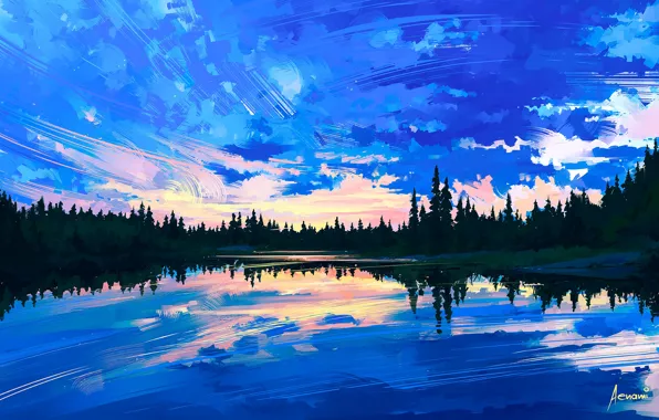 The sky, water, clouds, trees, reflection, art, painting, nature. landscape