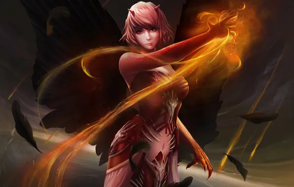 Picture girl, fire, magic, wings, art, demoness