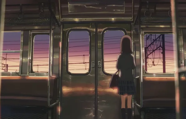 Girl, sunset, wire, train, anime, art, the car, schoolgirl