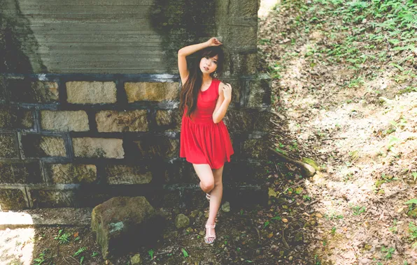 Picture look, face, background, Asian, in a red dress