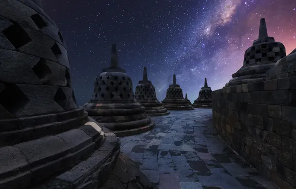 The sky, stars, night, Indonesia, temple, Java, Borobudur