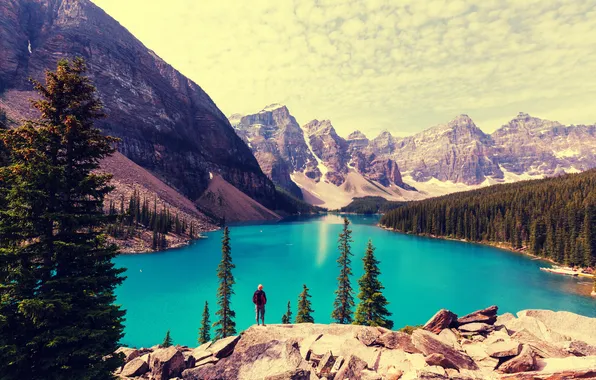 Forest, lake, Canada, landscape, lake, Banff National park, Moraine