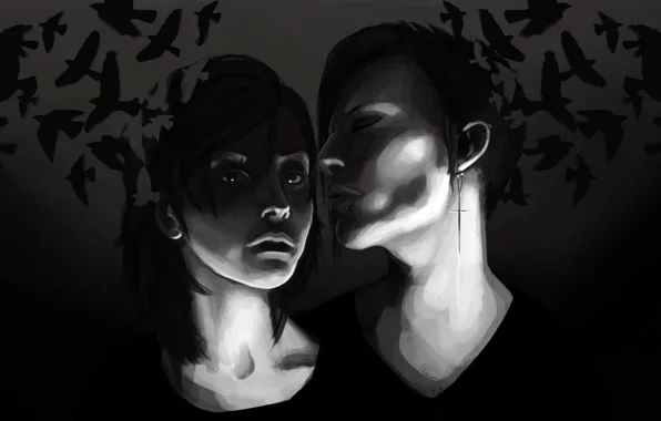 Girl, night, bird, dark, Cutt, Sci