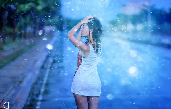 Picture girl, rain, mood, street, Asian