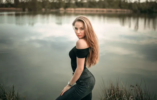 Look, nature, sexy, pose, river, model, portrait, jeans