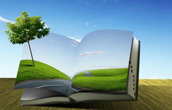 Picture road, creative, tree, field, book