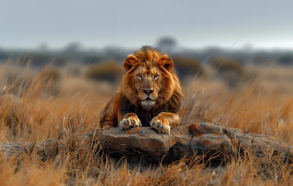 Grass, Look, Stone, Leo, Digital art, Big Cats, AI art, The Art of Artificial Intelligence