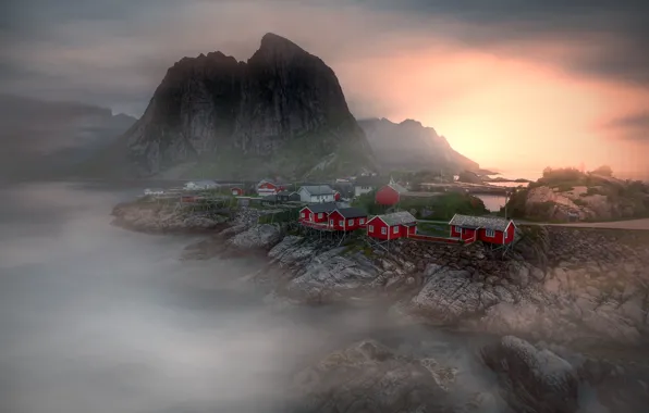 Picture the sky, light, mountains, red, fog, stones, rocks, dawn