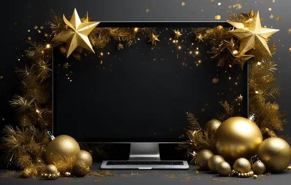 Computer, stars, balls, branches, the dark background, table, gold, Shine