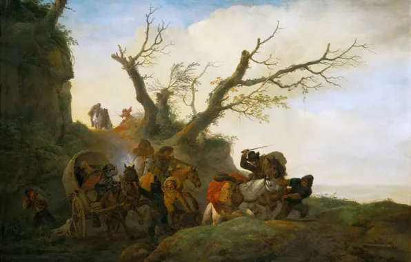Picture landscape, people, picture, wagon, genre, Attack on a group of travellers, Philips Wouwerman
