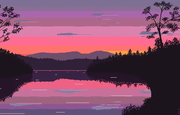 Sunset, Minimalism, Lake, Pixels