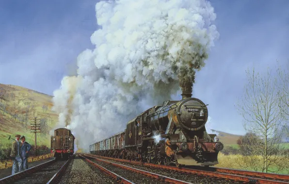 Picture nature, smoke, rails, Train, men