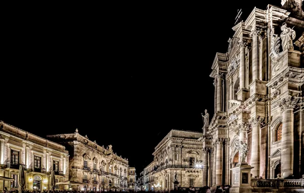 Night, lights, home, Italy, Sicily, Siracusa, Piazza Duomo, Ortigia