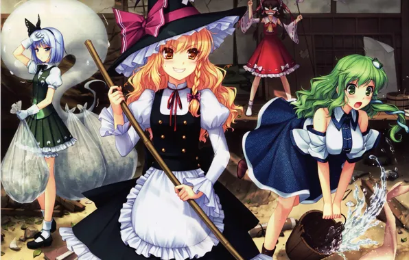 Picture water, anger, mess, cleaning, bucket, touhou, bags, kochi have done the art