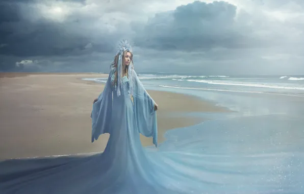 Sea, girl, clouds, shore, Princess, in blue, Tracy Lundgren