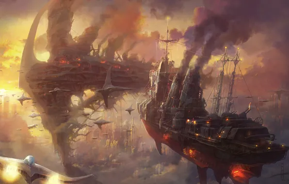 Clouds, sunset, the city, smoke, ships, art, steampunk, Armada
