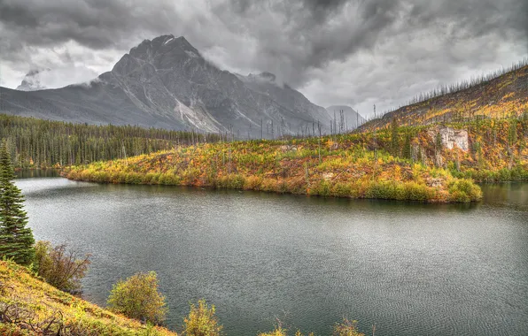 Autumn, the sky, grass, trees, mountains, clouds, river