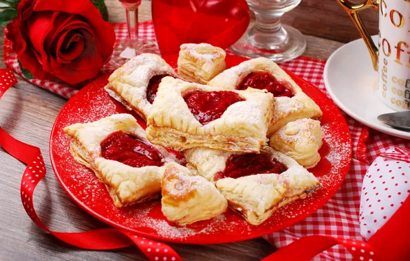 Romance, rose, coffee, cookies, plate, tape, Roses, cakes