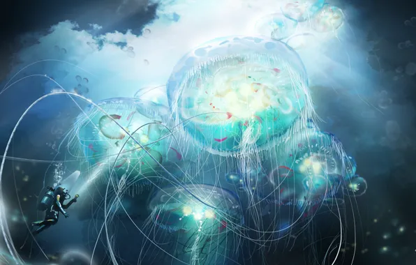 Wallpaper fantasy, jellyfish, diver for mobile and desktop, section арт ...