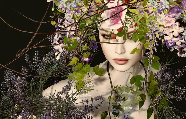 Girl, flowers, face, wreath
