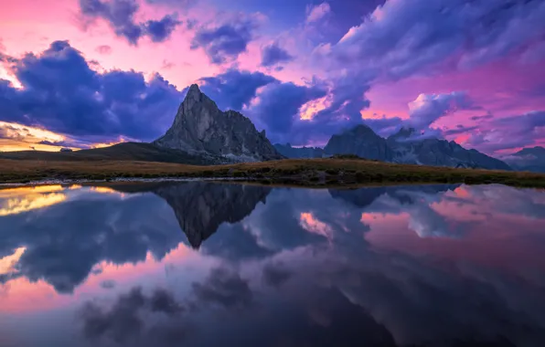 Clouds, sunset, mountains, lake, reflection, Italy, Italy, The Dolomites