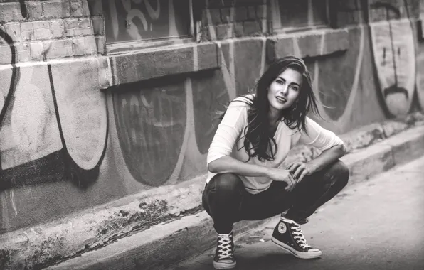 Girl, The city, Wall, Graffiti, Sneakers, Black and white