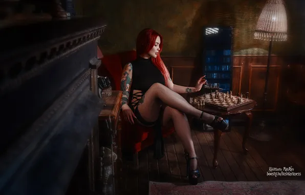 Girl, pose, stockings, chess, tattoo, legs, long hair, red hair