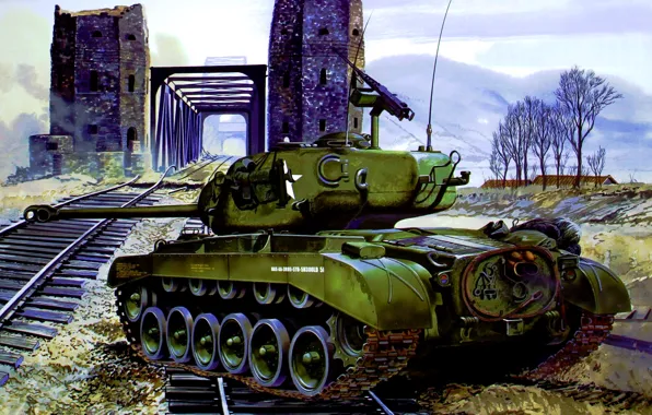 Picture war, art, painting, tank, ww2, M26 Pershing