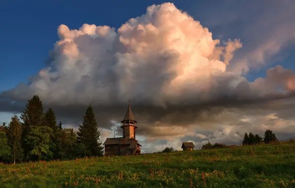 Picture grass, clouds, trees, landscape, clouds, nature, Kizhi, Church