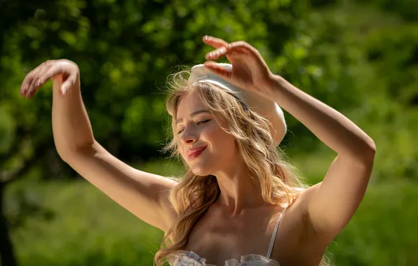 Girl, pose, smile, hands, blonde, Olga