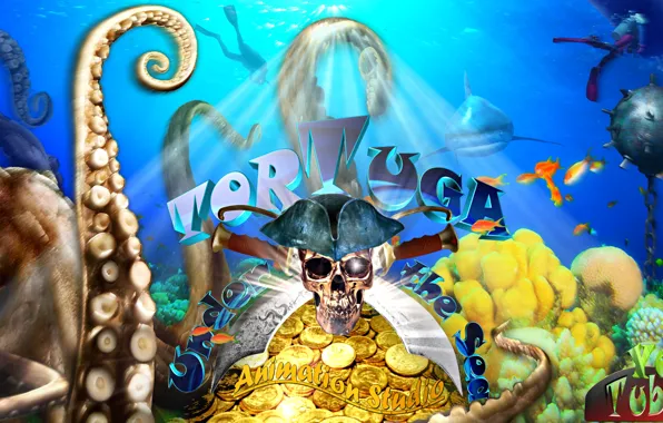 Islands, fish, gold, boat, skull, shark, corals, the diver