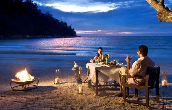 Beach, the ocean, fire, romance, shore, the evening, candles, glasses