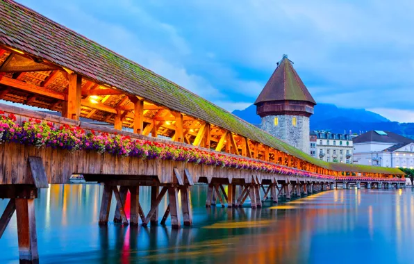 Picture flowers, bridge, the city, lake, mountain, home, the evening, Switzerland