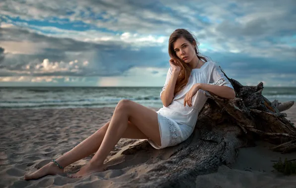 Sand, water, girl, clouds, pose, shore, barefoot, dress