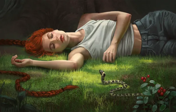 Picture forest, girl, snake, fantasy, art, Illustrator, Alex Shiga, A slumber