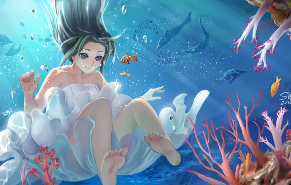 Picture girl, fish, smile, bubbles, anime, art, under water, shon
