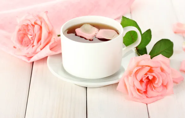 Flowers, tea, roses, petals, Cup, white, pink, saucer