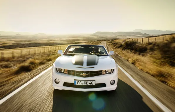 Picture The sun, Road, Chevrolet, Machine, Logo, Camaro, Lights, Blik