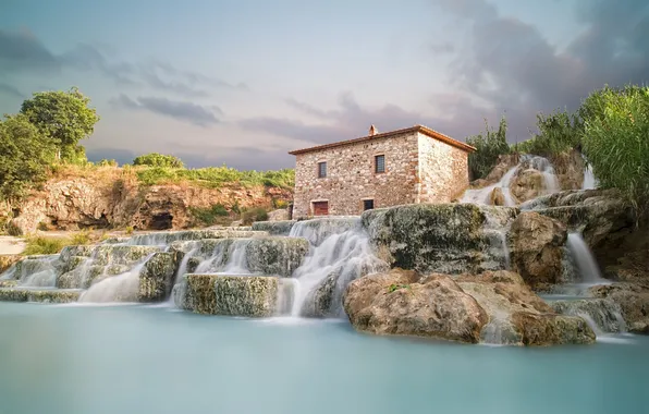 Picture nature, Italy, house, waterfalls, Italy, Saturnia, Saturnia