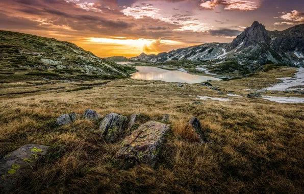 Grass, clouds, mountains, lake, sunrise, stones, Bulgaria
