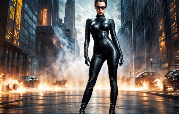 Girl, the city, cat woman, the image is generated by AI