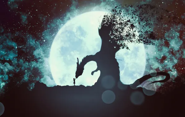 Girl, the moon, dragon, fantasy