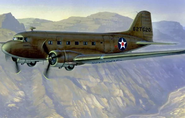 Picture art, airplane, painting, Douglas C-47 Skytrain
