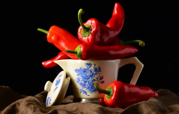 Red, food, pepper, black background, still life, sharp, vegetables, composition