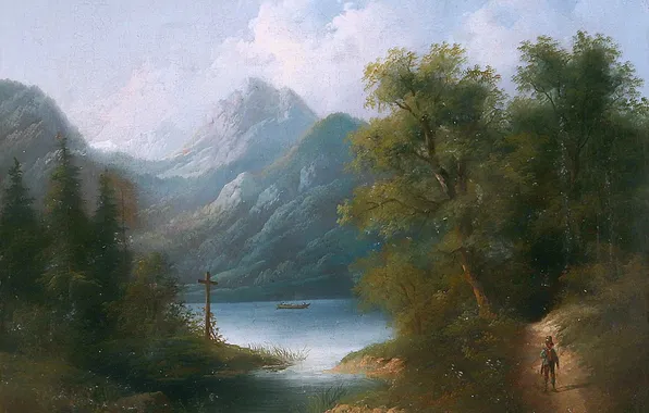 Mountains, Trees, River, Picture, Male, Austrian landscape painter, Edward Boehm, Eduard Boehm